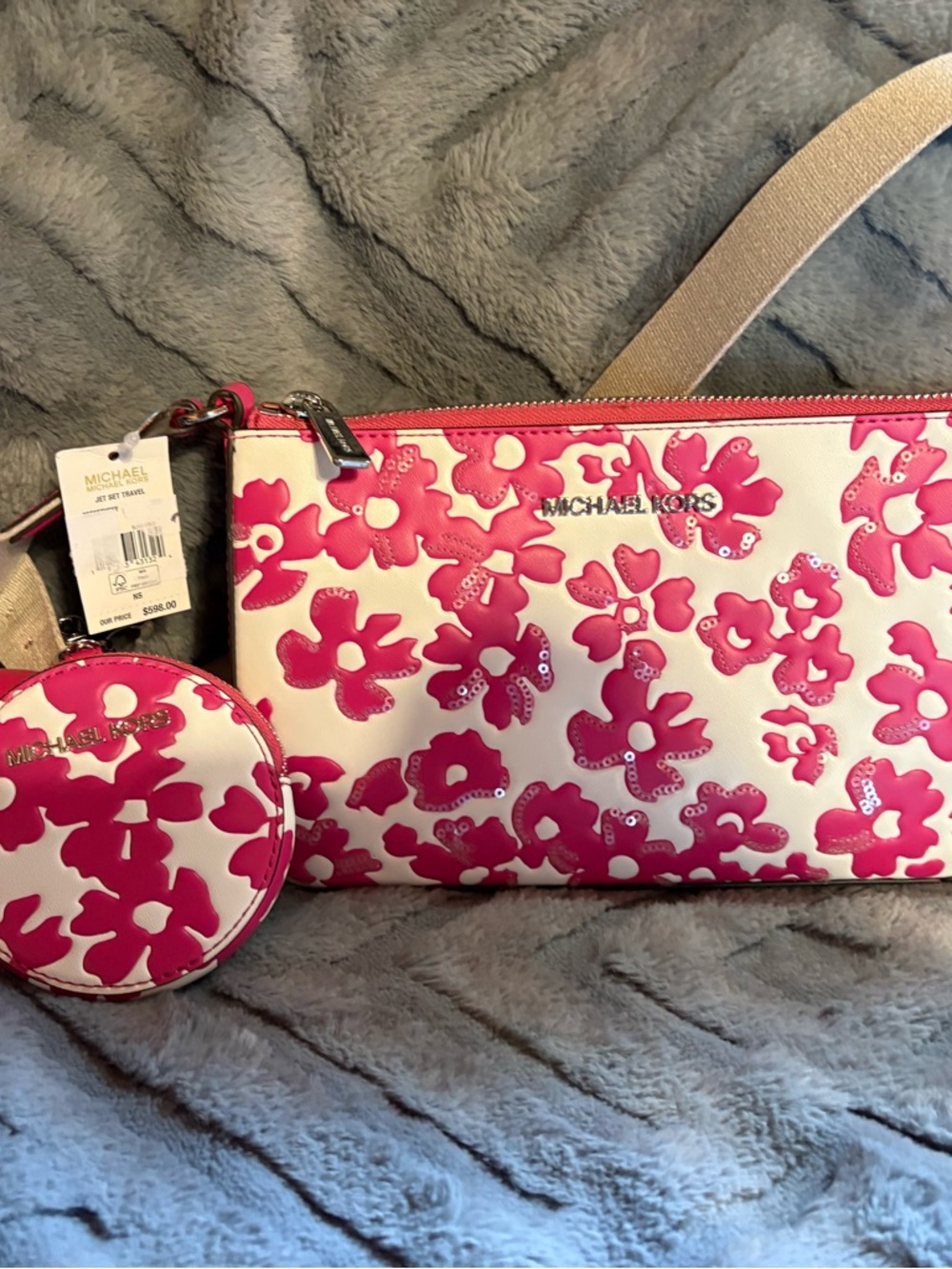 Michael Kors White and Hot Pink Floral Crossbody with Coin Pouch - Picture 2 of 9
